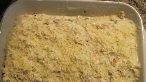 итальянская белая лазанья с курицей, прошутто и шампиньонами