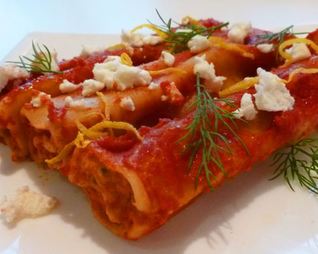 Каннеллони с рыбой, грибами и адыгейским сыром