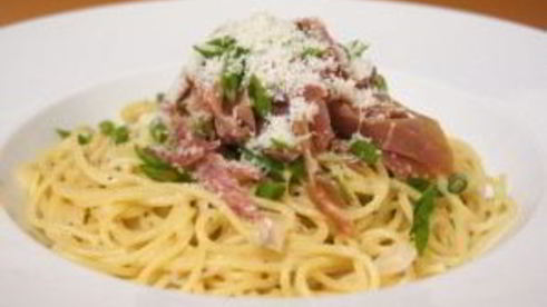 спагетти с копченостями