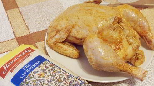 курица, фаршированная рисом и шампиньонами