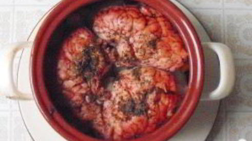 запеченные телячьи мозги с овощами