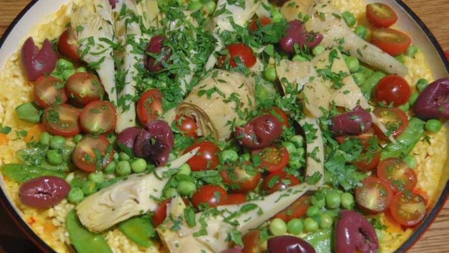 Рецепт паэльи с артишоками, горохом и сладким перцем