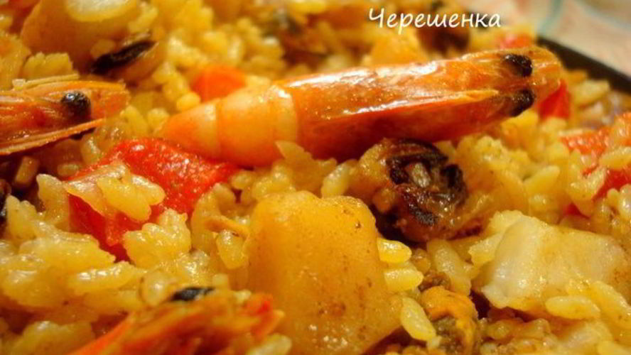 Рецепт паэльи с курицей, мидиями, гребешком и креветками