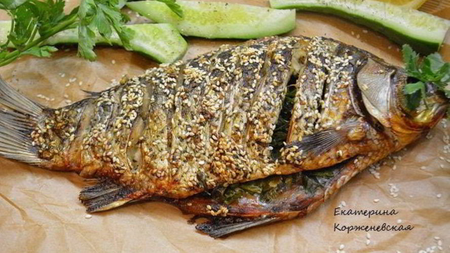 Рецепт карася запеченного с кунжутно-чесночной заправке