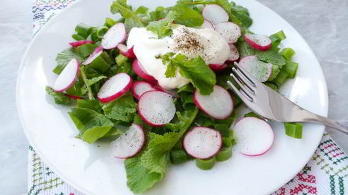 салат с ботвой редиски и зеленым луком