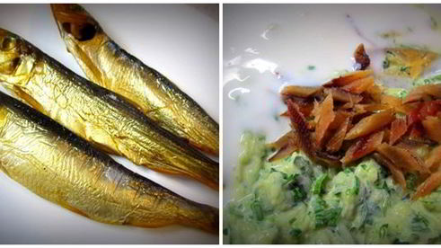 холодный суп с огурцом и копченой рыбой