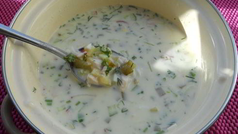 окрошка с курицей и маринованными огурцами