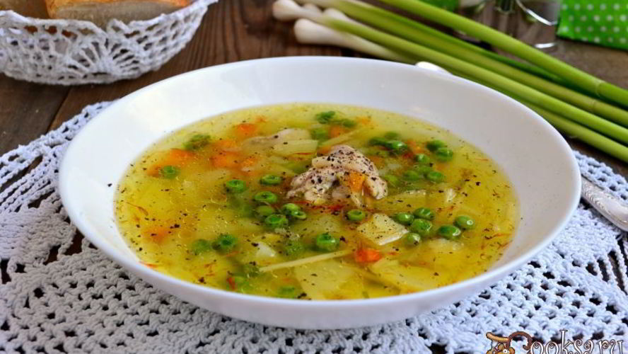 Рецепт куриного супа со свежими овощами, вермишелью и зеленым горошком
