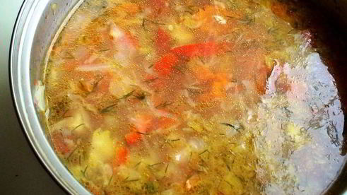 овощной, летний супчик с томатно-чесночными гренками