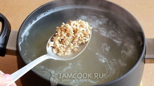 рассольник с томатом, перловкой и солеными огурцами
