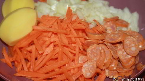 щи со свежей капустой, индейкой и острыми колбасками