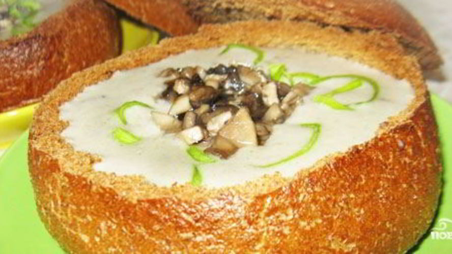 Рецепт супа пюре из шампиньонов в хлебе