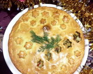 Пирог на майонезе с курицей, капустой и грибами