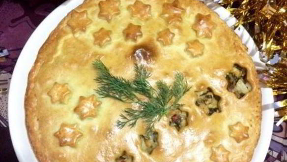 Рецепт Пирога на майонезе с курицей, капустой и грибами