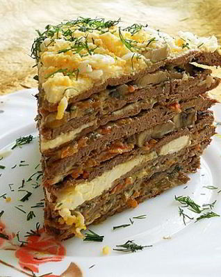 Печеночный торт с грибами