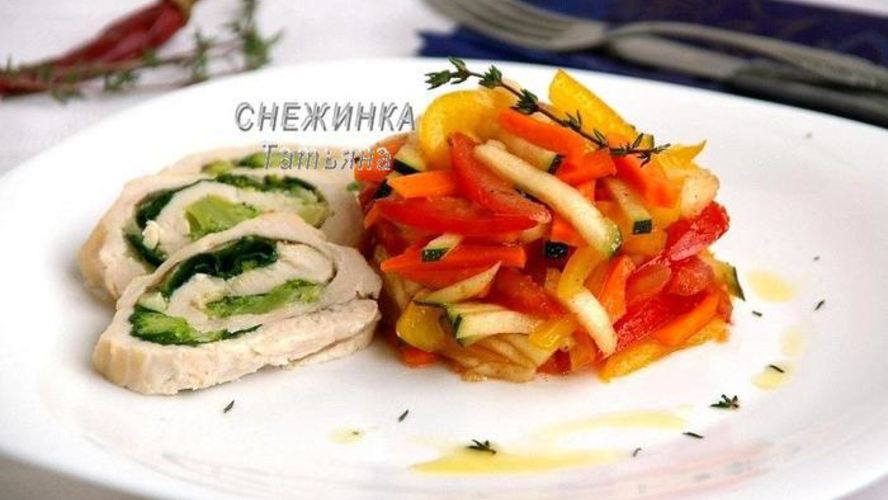 Рецепт цветного карпачча из овощей с рулетом из курицы, брокколи и шпината