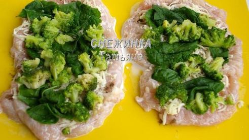 цветное карпаччо из овощей с рулетом из курицы, брокколи и шпината